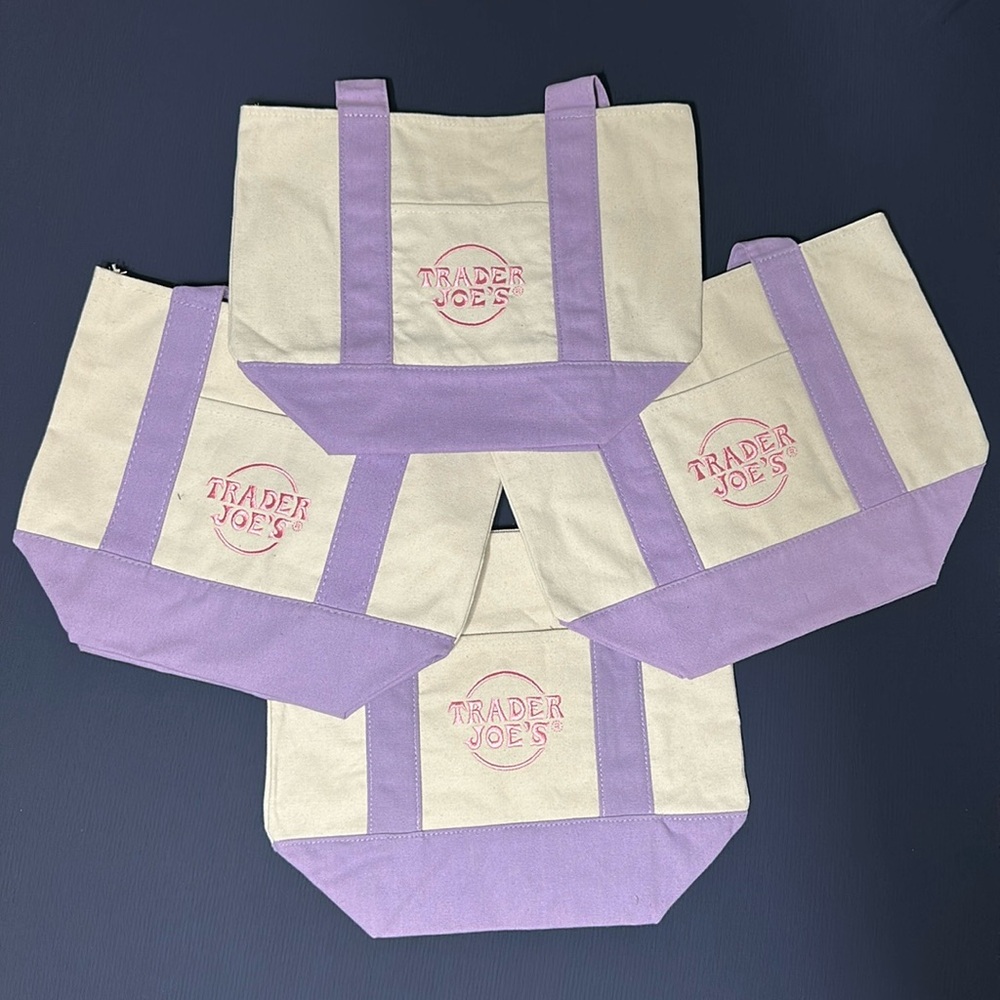 4 Trader Joe’s mini canvas tote bags lilac purple